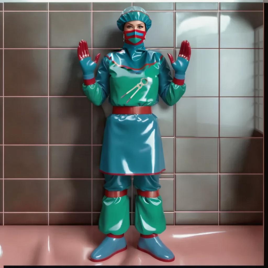  "hyperdetalisation, woman, mistress surgeon, in dressed three color surgical suit, made of glossy latex, standing alone, full length, front view, full face, dressed in, surgical gown, knee length, with elastic waistband, long sleeves, with elastic cuffs, upper part of surgical gown, (from collar to waist), glossy latex dark green, belt at waist, glossy latex red, lower part of surgical gown, (from hem to waist), glossy latex dark blue, in the center of the surgical gown there is an emblem in the form of surgical forceps "burdizzo", upper part of sleeve, (from shoulder to elbow), glossy latex dark blue, lower part of sleeve, (from elbow to cuff), glossy latex dark green, cuffs on sleeve, glossy latex red, (bib with collar), made of glossy d