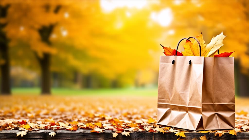  autumn blurred background. on the right in 1/3 of the image there is 1 craft paper bag with shopping. the bag is at a distance of 5 meters. on the left 2/3 of empty space for text ar 16:9 {prompt}, maximum details