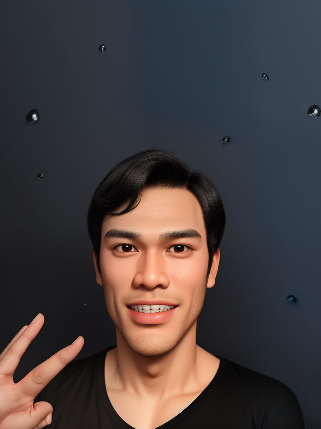  masterpiece, best quality, realistic 3d caricatures. big head. a young man from indonesia. high. ideal body, handsome, eyes aga narrow, thin lips smile without showing teeth. black hair in the style of a side parting. wearing a black t shirt. the position of the body is clearly visible. blur white background with light bubbles. use soft photographic lighting with hair lights, edge lights and top lights. photos with very high detail