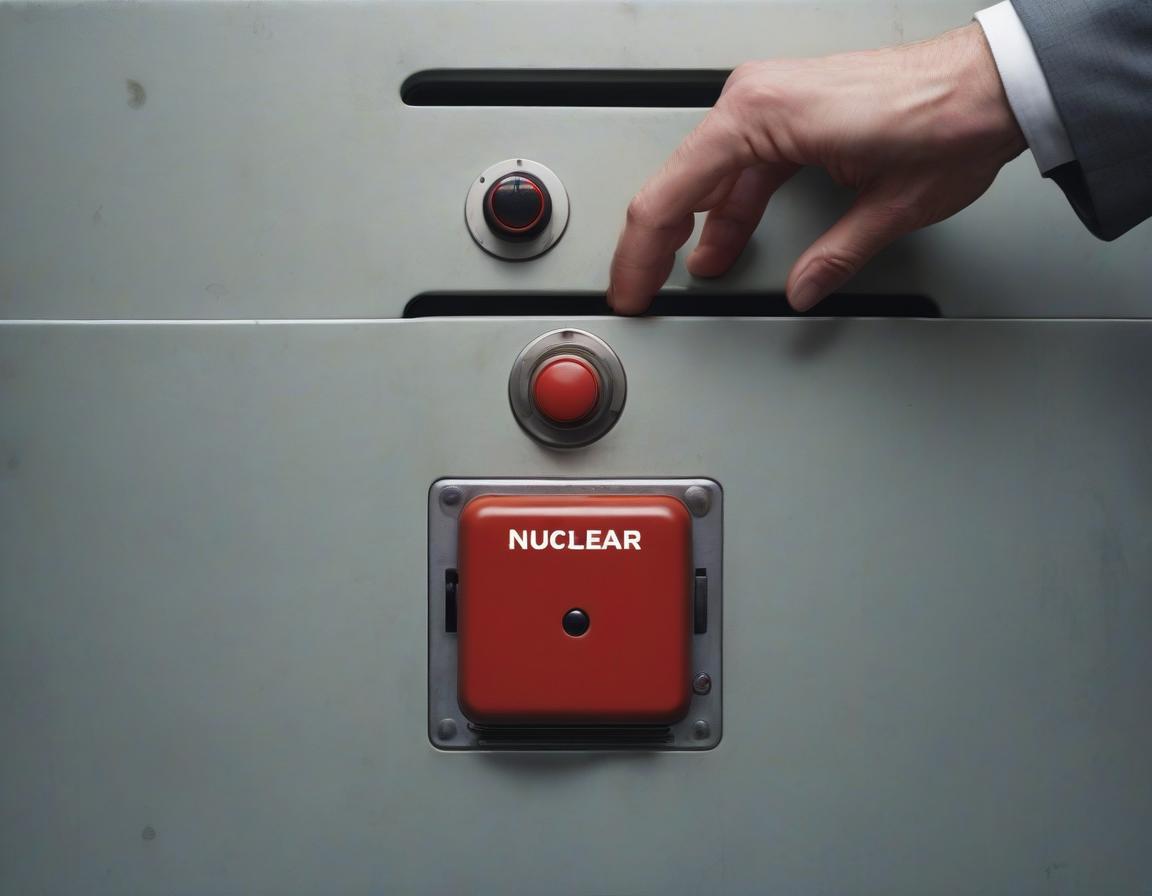  hand reaches out to press the red button on the nuclear suitcase.