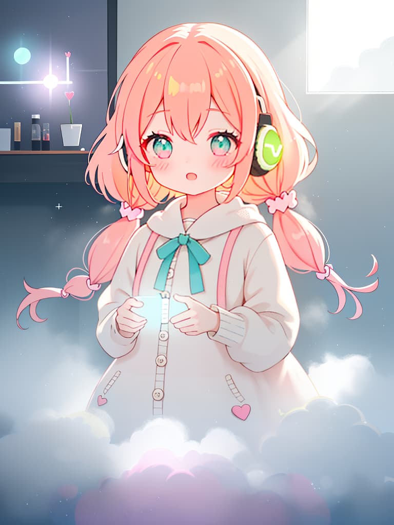  1 pretty girl,upper body,winking,cheek to cheek,semi long,hearts twin tail,gamer,headphones,knit outfit,peach hair elastic, hair,front hyperrealistic, full body, detailed clothing, highly detailed, cinematic lighting, stunningly beautiful, intricate, sharp focus, f/1. 8, 85mm, (centered image composition), (professionally color graded), ((bright soft diffused light)), volumetric fog, trending on instagram, trending on tumblr, HDR 4K, 8K