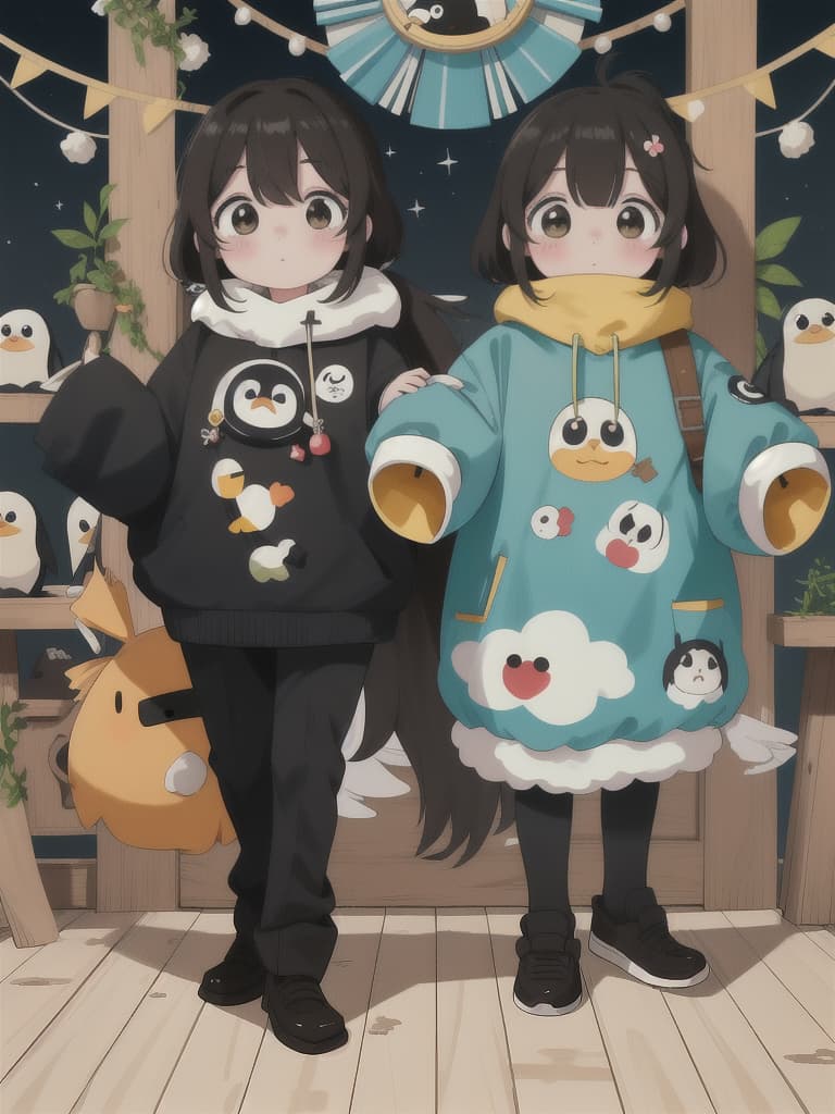  Penguin, Yuru Chara, Mascot, Beautiful Beauty couple, 💩: 1.4, 💩, 💩, 💩, 💩, 💩,, masterpiece, best quality,8k,ultra detailed,high resolution,an extremely delicate and beautiful,hyper detail