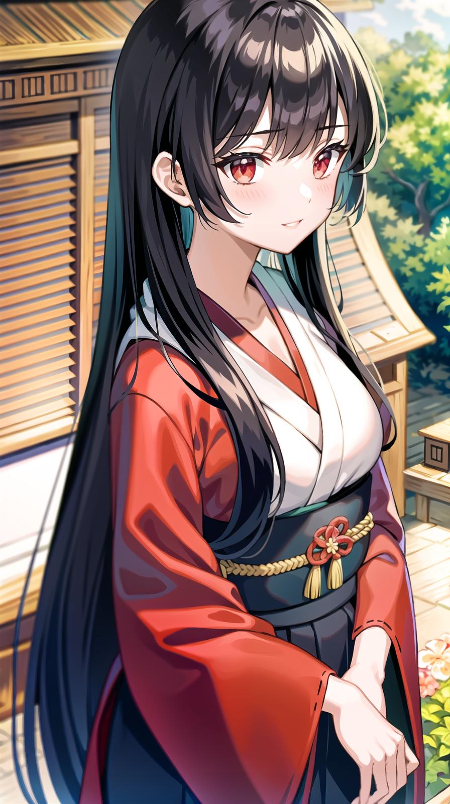  master piece , best quality,she has black hair with red mesh, long hair, and wears kimono. he usually wears a white or light yellow kimono and a dark blue or purple hakama. the kimono is decorated with plants, trees, and animals of the four seasons, symbolizing the five elements.