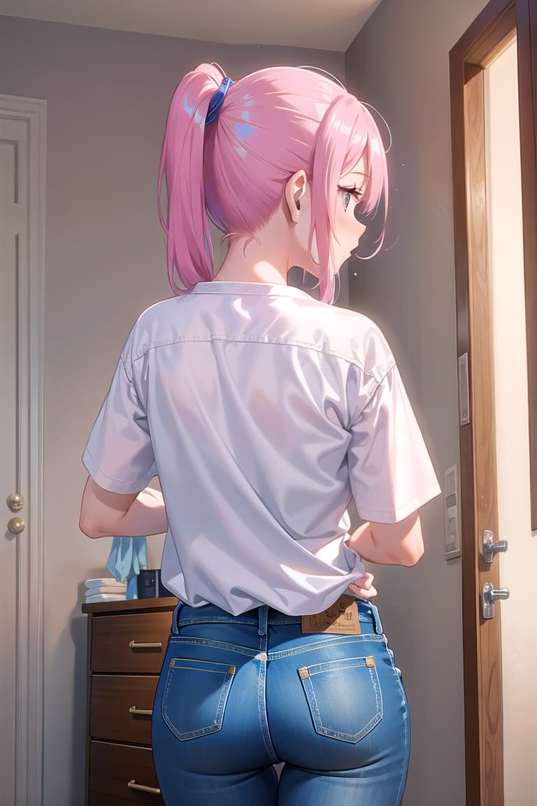 r 18, , middle , ,random situation, pink haired ,ponytail,large eyes,A woman, interrupted while changing clothes in her bedroom, stands with her back to the camera, one hand raised to cover her face, partially shielding her expression of surprise. She wears a simple white and a pair of blue jeans, her shirt discarded beside her. BREAK Subject: woman, surprised expression, partially covering face BREAK Clothing: white , blue jeans BREAK Pose/camera: standing with back to camera, hand raised to cover face BREAK Background: bedroom, unmade bed,