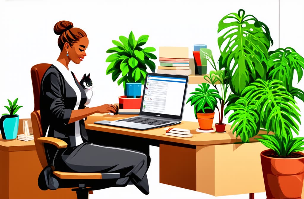  professional detailed photography, work from home woman working at her desk at home with cat and plants. modern vector illustration of home office concept. ar 3:2, (muted colors, dim colors, soothing tones), (vsco:0.3)