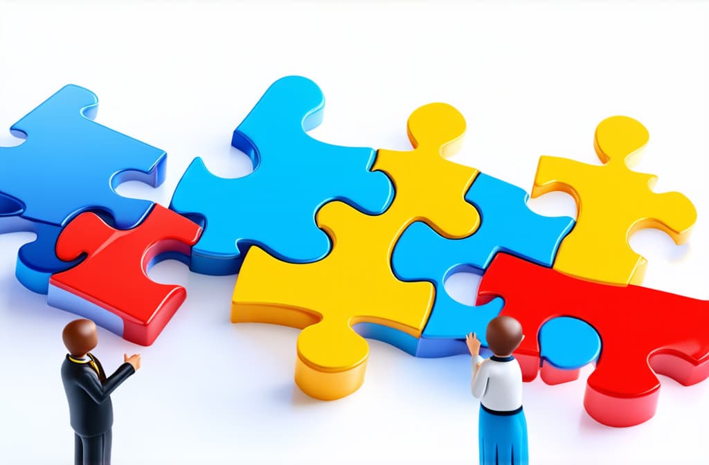  people connecting puzzle pieces. 3d illustration. cartoon characters. business teamwork concept on white background ar 3:2 {prompt}, maximum details