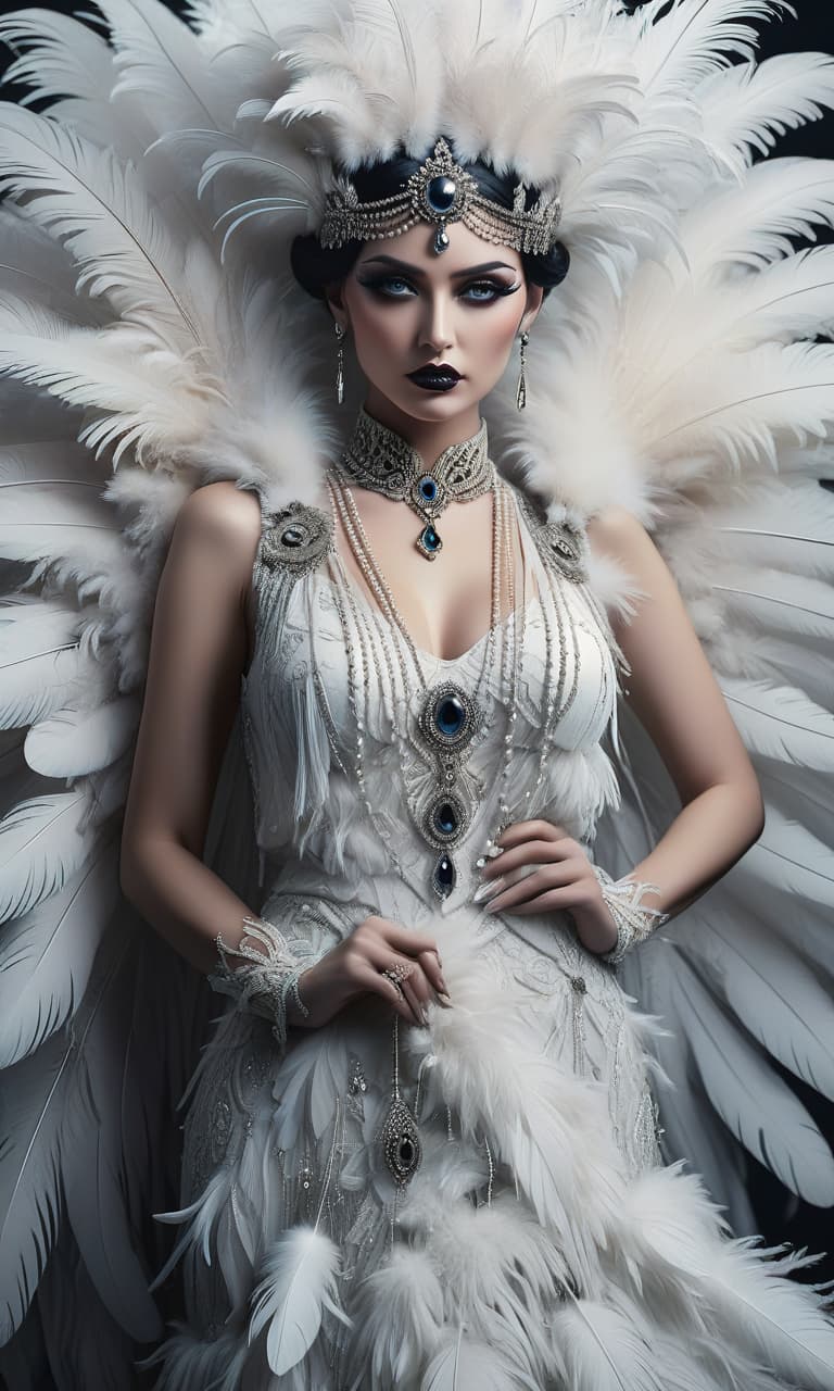  gothic style gatsby feathers in the head are beautiful eyes . dark, mysterious, haunting, dramatic, ornate, detailed, perfecteyes hyperrealistic, full body, detailed clothing, highly detailed, cinematic lighting, stunningly beautiful, intricate, sharp focus, f/1. 8, 85mm, (centered image composition), (professionally color graded), ((bright soft diffused light)), volumetric fog, trending on instagram, trending on tumblr, HDR 4K, 8K