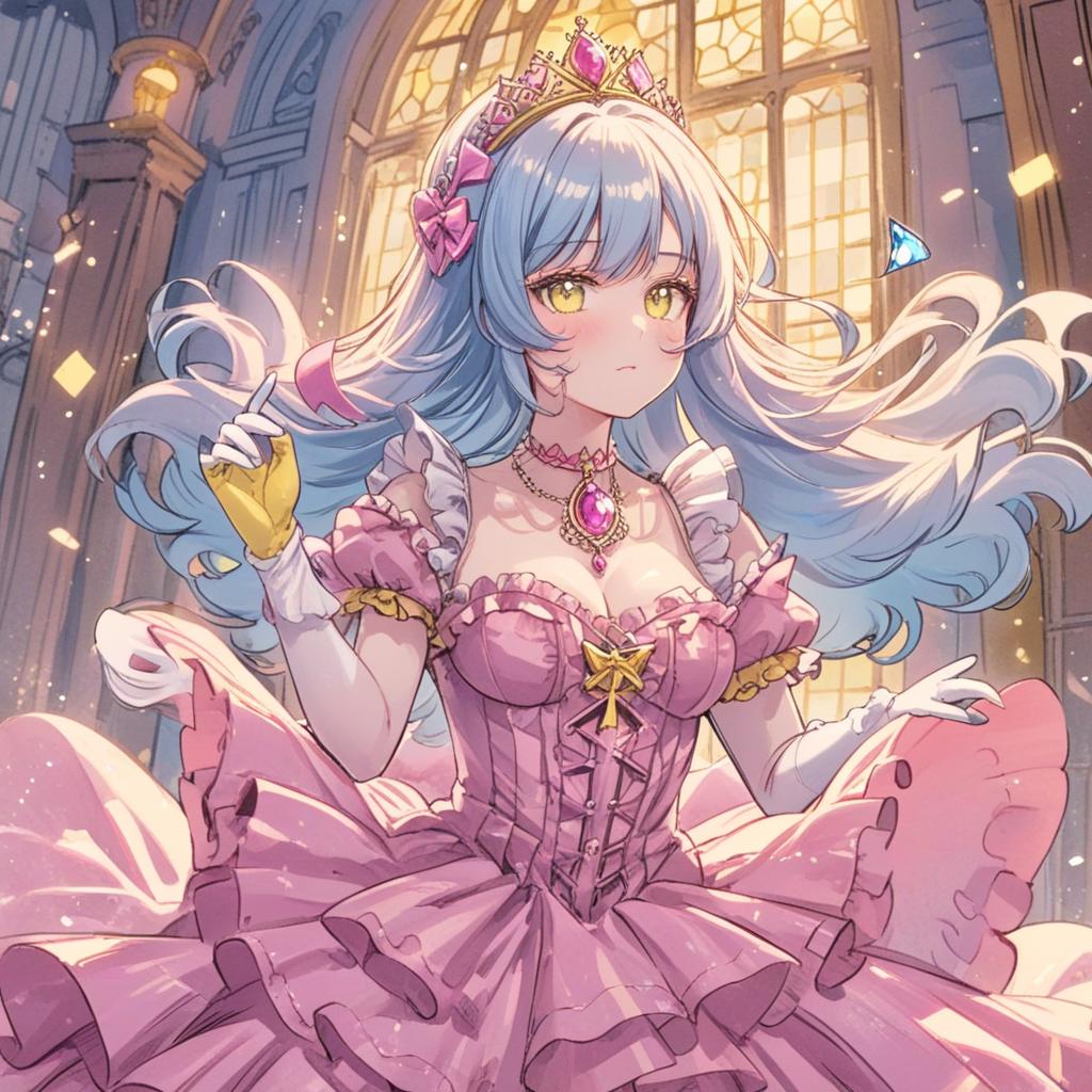  manga artwork yellow, pink and blue big poofy princess dress, ball gown, frills, ruffles, bows, idol dress, magical style, long white opera gloves, long yellow opera gloves, giant s, sparkly tiara, fancy necklace, long floor length veil covering her hair and back, shining intense blue eyes, very long ankle length bright pink hair with long bangs. manga artist. manga, highly emotional. best quality, high resolution