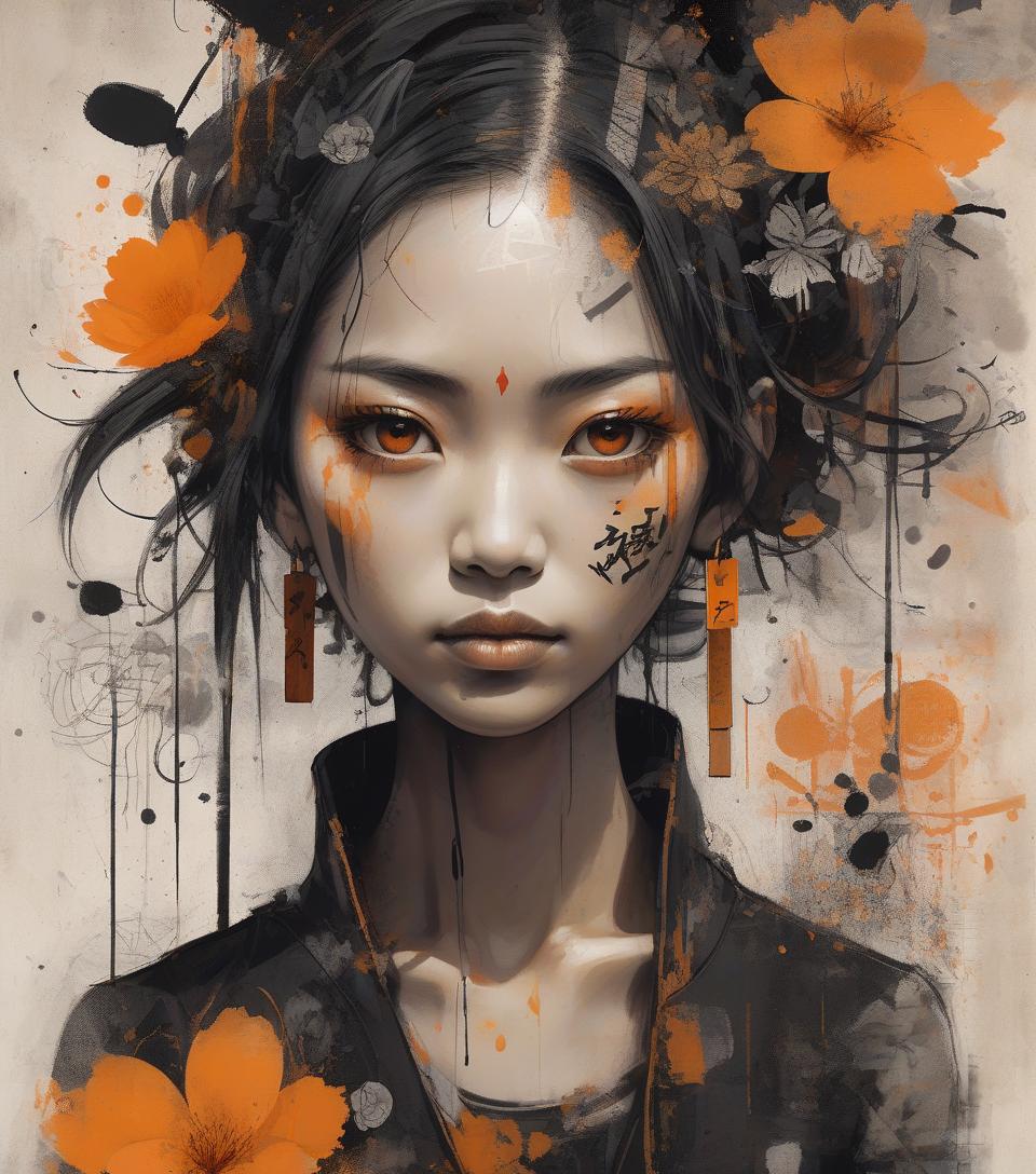  concept art asian woman, beautiful face, black and orange color tones, wabi sabi art, abstract , punk collage , urbanpunk, flowerpunk, random textures, random graffiti strokes, kanji characters, surreal artwork, impermanence . digital artwork, illustrative, painterly, matte painting, highly detailed