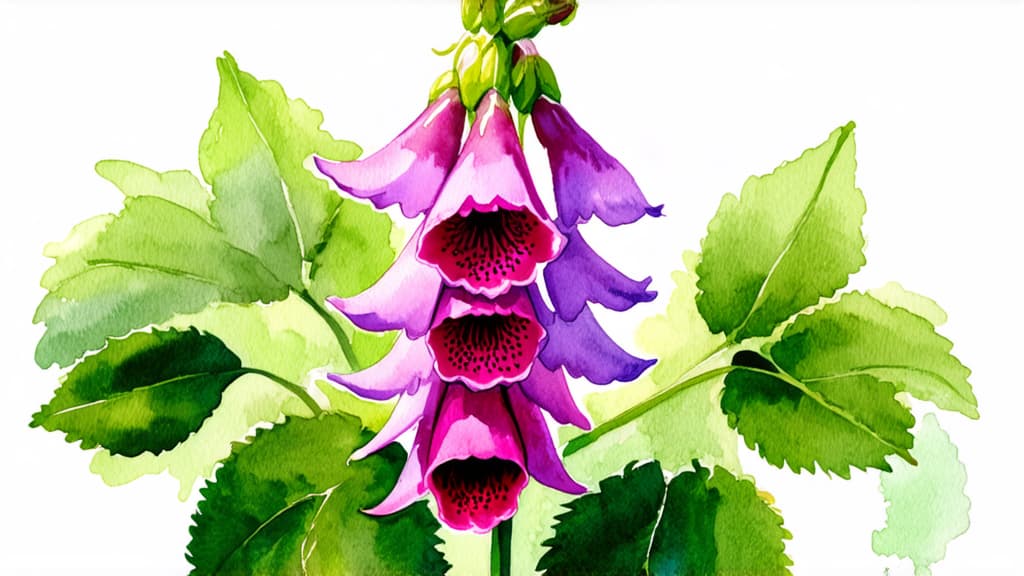  artwork foxglove flower ar 16:9, watercolor techniques, featuring fluid colors, subtle gradients, transparency associated with watercolor art