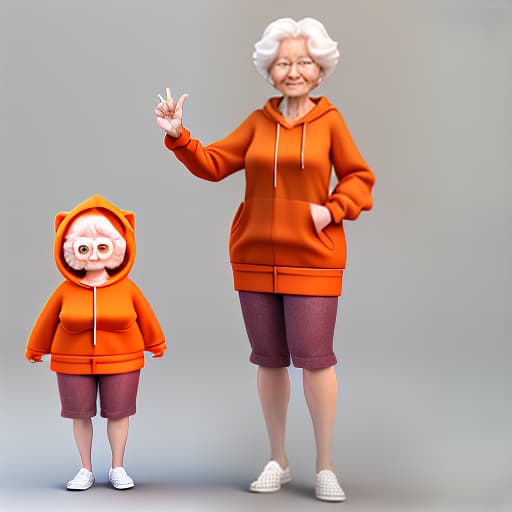  3d rendering of a full length cartoon character. kind face of an energetic mature sweet granny with kind eyes, she has a short haircut with raspberry strands of hair, a little puffy, in an orange hoodie, full length, shows her hand at the viewer, on a white background