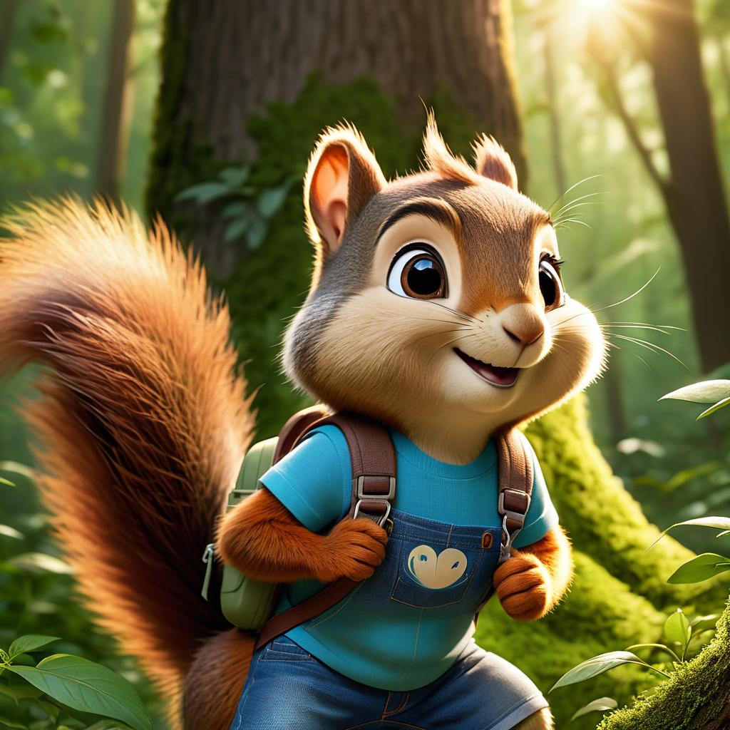  in 3d animated movie style. disney pixar style. arham, a old with a curious and kind hearted personality, in his blue t shirt and denim shorts, accompanied by the friendly squirrel, a character needing help, in a lush green forest with tall trees, bushes, sunlight filtering through leaves. high resolution, detailed rendering with vint colors and lifelike textures. bright, soft lighting creates a warm, inviting atmosphere, emphasizing their bond. low angle framing to highlight the forest's height and the squirrel's small size, enhancing the emotional connection.