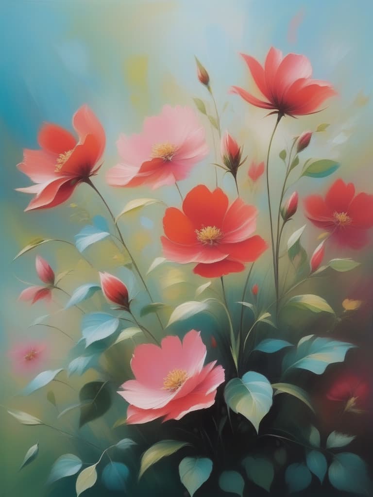  stylized, abstract painting featuring a floral arrangement. the layout is vertical, with the flowers and leaves extending upwards. the subject consists of vibrant red and pink flowers with smooth, rounded petals, and elongated green leaves. the background is a soft, muted gradient of light blues and greens, providing a gentle contrast to the bold colors of the flowers. the painting has a soft, almost blurred quality, giving it a dreamy and serene feel. there are no people, text, or logos present in the image.