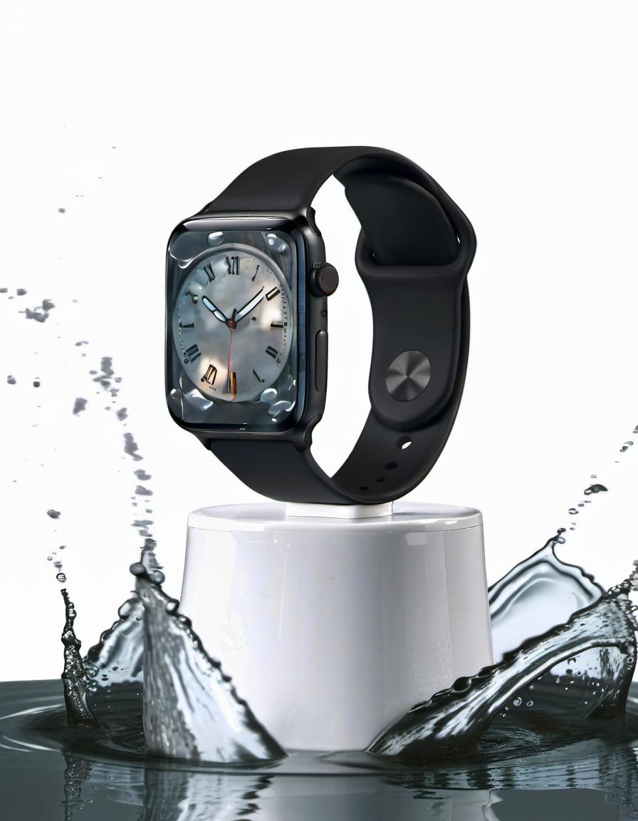  smart watch on a white stand for demonstration, around a splash of water, white background, reflection of the clock in water, film photography style