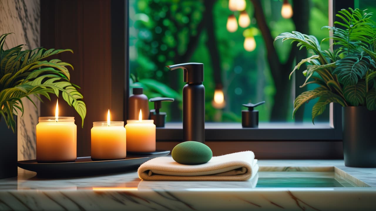  a serene spa setting featuring elegant skincare products displayed on a marble countertop, surrounded by lush greenery and soft candlelight, exuding luxury and tranquility, inviting viewers to explore high end dermatological care. hyperrealistic, full body, detailed clothing, highly detailed, cinematic lighting, stunningly beautiful, intricate, sharp focus, f/1. 8, 85mm, (centered image composition), (professionally color graded), ((bright soft diffused light)), volumetric fog, trending on instagram, trending on tumblr, HDR 4K, 8K