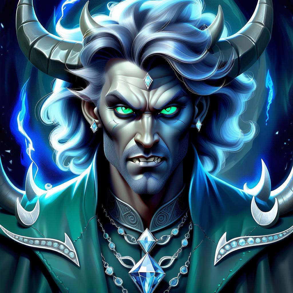  ethereal fantasy concept art of diamond devil, portrait. dark green eyes, man. kind. hair gray. with fangs and horns. colors blue, blue, silver . magnificent, celestial, ethereal, painterly, epic, majestic, magical, fantasy art, cover art, dreamy