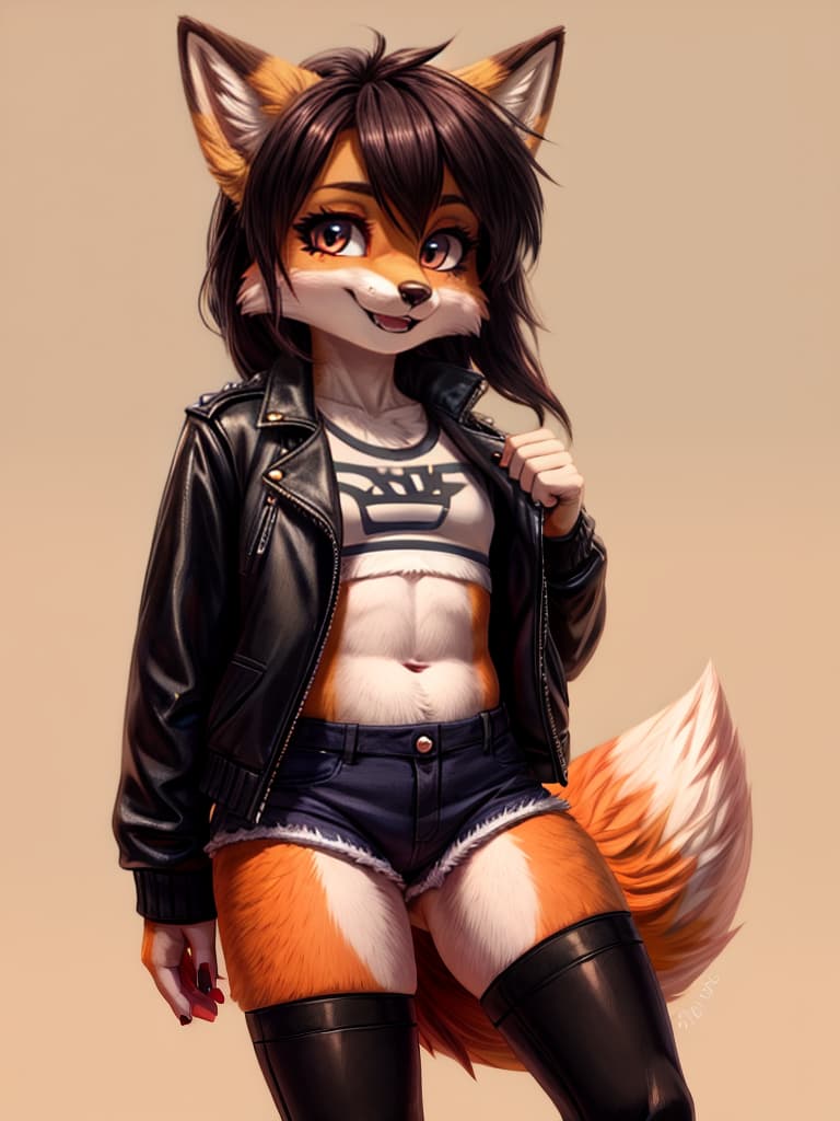  really beautiful hardcore punk fox young woman in a leather jacket. black hotpants with white stripes