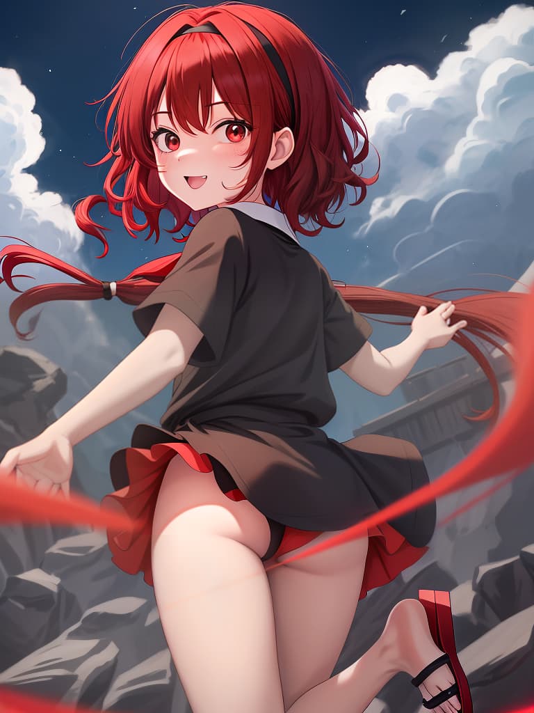  kiki (majo no takkyuubin) lori black shirt bottomless botto hairbreath hair red red hair band sandal shirt short sleeve black eye dairy dairy brown brown brown clear crotch; d. viewpoint from behind camera looking at the opening of the face winking at viewer spellcaster witch cloud mited visibility content high resolution