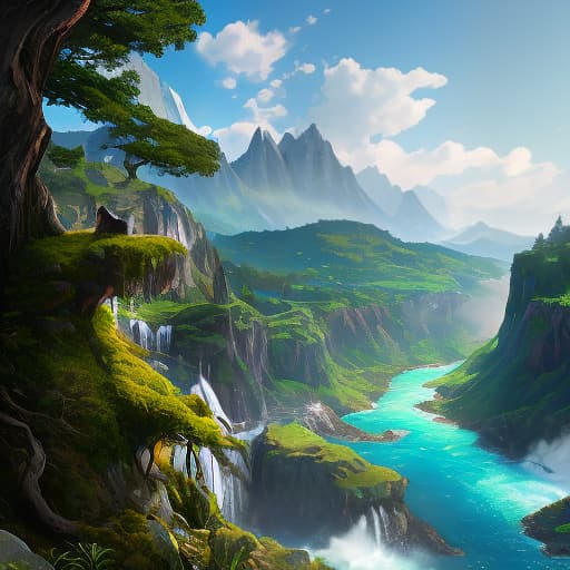  Create a painting of a panoramic view. Beautiful mountain landscape, blue sky with drifting clouds, below a green valley with a beautiful blue lake in the foreground. A large gray wolf and waterfall, spouting from the rock resembling a wolf's head., realistic, detailed, textured, skin, hair, eyes, by Alex Huguet, Mike Hill, Ian Spriggs, JaeCheol Park, Marek Denko hyperrealistic, full body, detailed clothing, highly detailed, cinematic lighting, stunningly beautiful, intricate, sharp focus, f/1. 8, 85mm, (centered image composition), (professionally color graded), ((bright soft diffused light)), volumetric fog, trending on instagram, trending on tumblr, HDR 4K, 8K