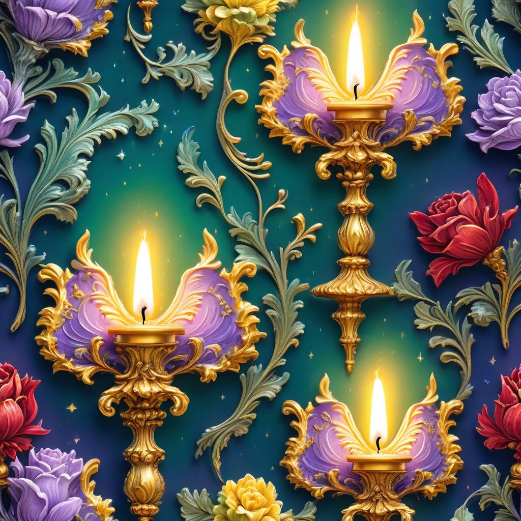  fairy tale a masterpiece. digital illustration. decorative exquisite carved candles gilded in candlesticks. blue, green, yellow, lilac. exquisite pattern in the rococo style, golden highlights, neon bursts, pearl, silver background with small beautiful red and white colors, hyperrealism . magical, fantastical, enchanting, storybook style, highly detailed