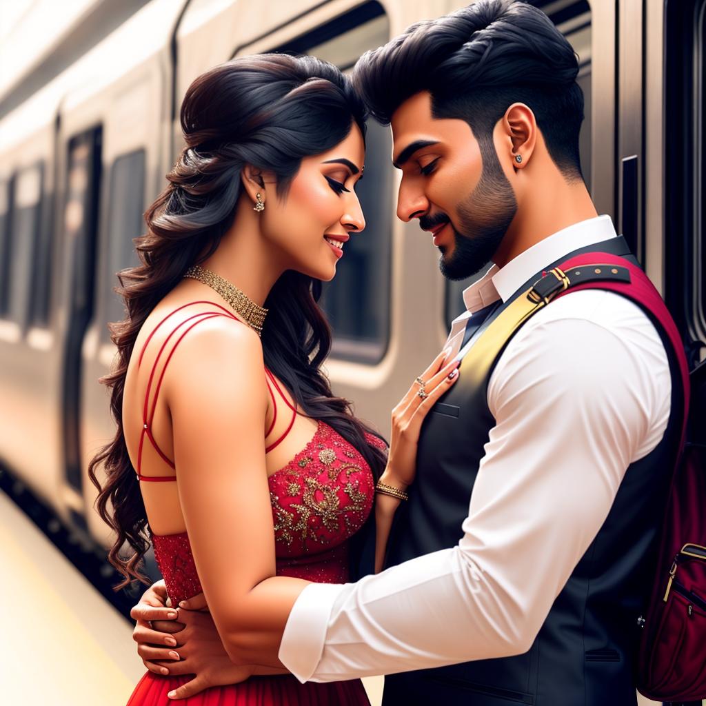  a image of young Indian couple hugging and kissing in train station hyperrealistic, full body, detailed clothing, highly detailed, cinematic lighting, stunningly beautiful, intricate, sharp focus, f/1. 8, 85mm, (centered image composition), (professionally color graded), ((bright soft diffused light)), volumetric fog, trending on instagram, trending on tumblr, HDR 4K, 8K