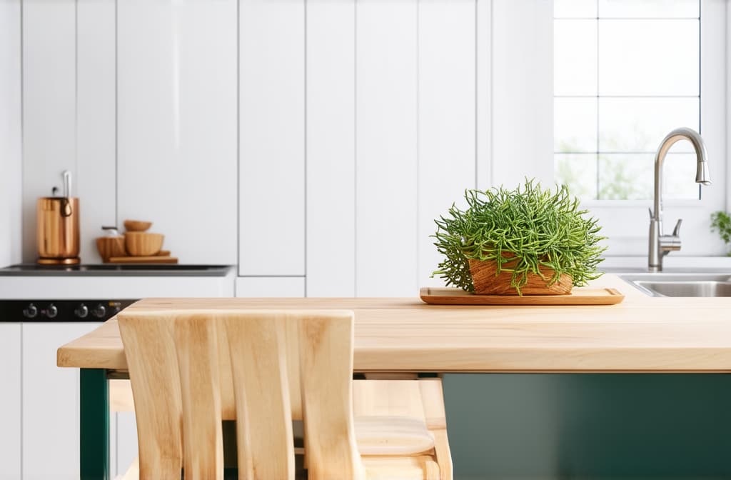  wooden table top on white and bright modern kitchen interior background ar 3:2 {prompt}, maximum details