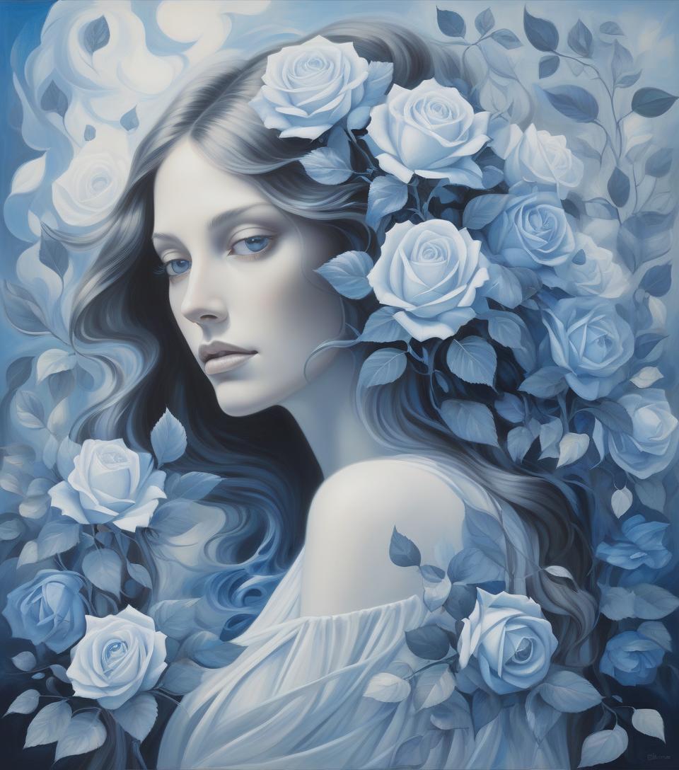  surrealist art a serene woman with flowing hair holds blue and white roses, surrounded by soft light and delicate leaves, embodying grace and beauty in a captivating portrait . dreamlike, mysterious, provocative, symbolic, intricate, detailed