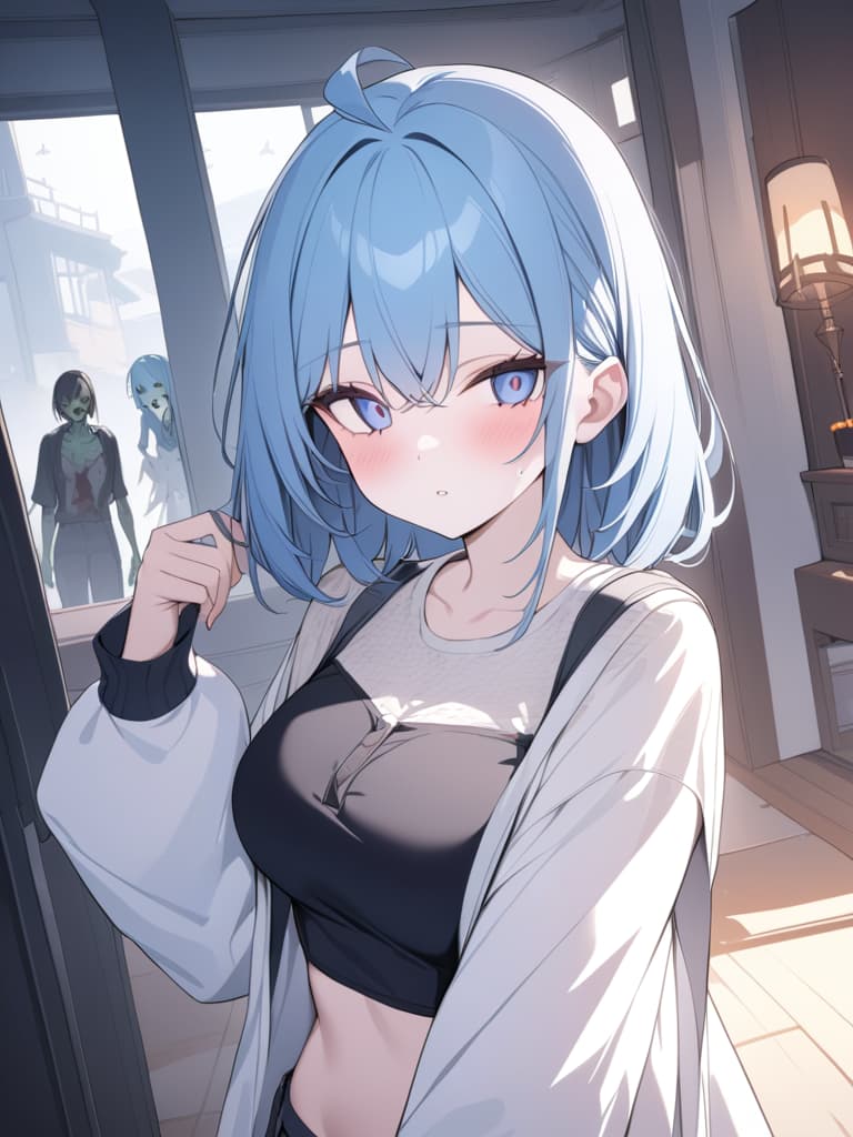  halloween, zombies, light blue, light blue hair, bob hair, ghosts, masterpiece, best quality,8k,ultra detailed,high resolution,an extremely delicate and beautiful,hyper detail