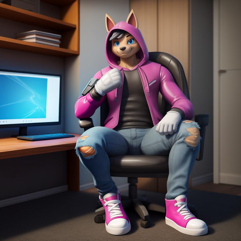  Computer hacker (Fortnite), full body, hoodie, shiny leather gloves, jeans, sneakers, open eyes, masterpiece, 4k, fine details,