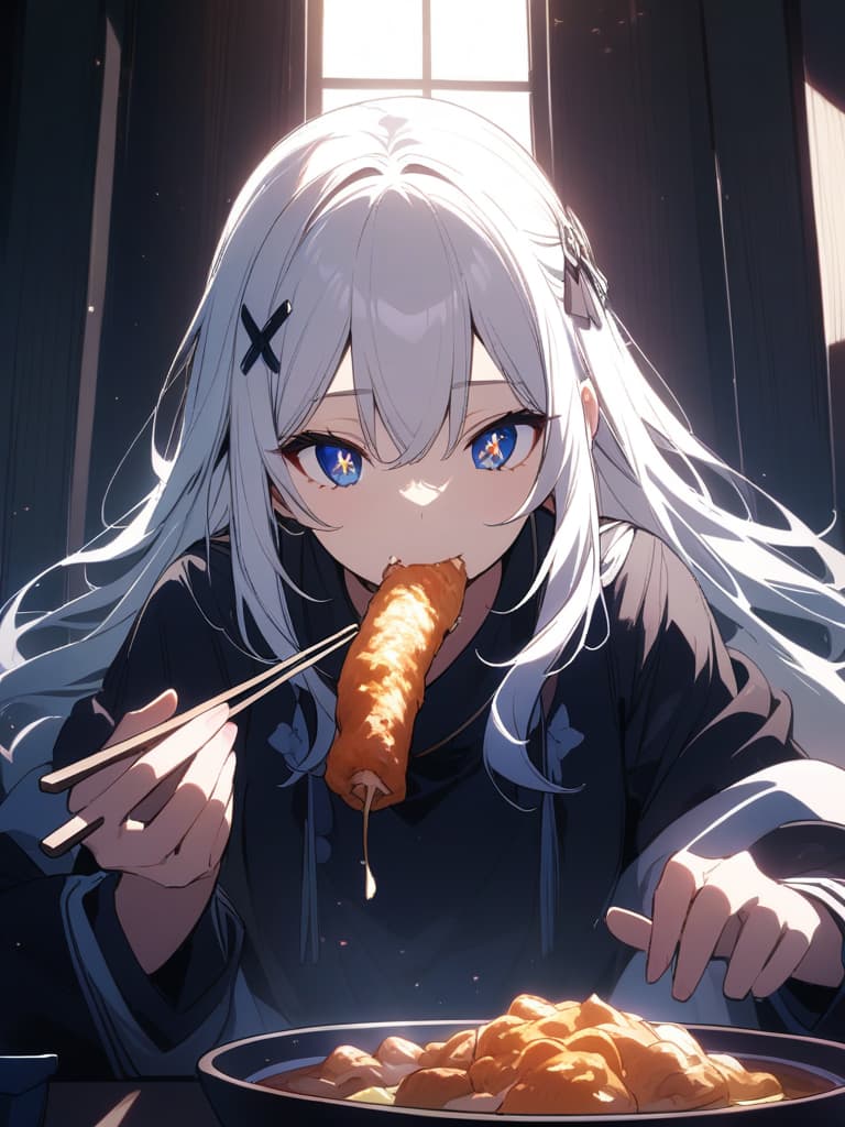  ((tendon,eating tendon,sparkling eyes,cute,stuffing tendon into one's mouth,big tendon,cute,beautiful girl,white hair,blue eyes,long hair,black hairpin,chopsticks,))、ultra detailed,best shadow,cute and beautiful face,(masterpiece:1.2),(best quality:1.2),detailed background,high contrast,(best illumination,an extremely delicate and beautiful),((cinematic light)),hyper detail,dramatic light,intricate details,8k,anime,very aesthetic