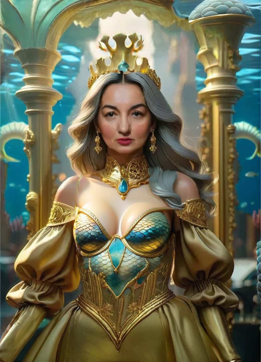  sea queen in scales and gold, with an underwater kingdom in the background, civitai