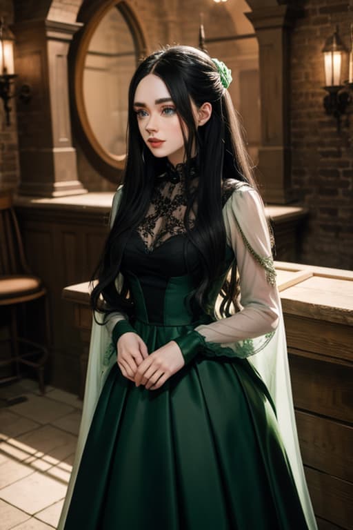  Sabrina Carpenter long hair (pale skin) ((black hair)) ((green eyes)) vintage gown in a dungeon