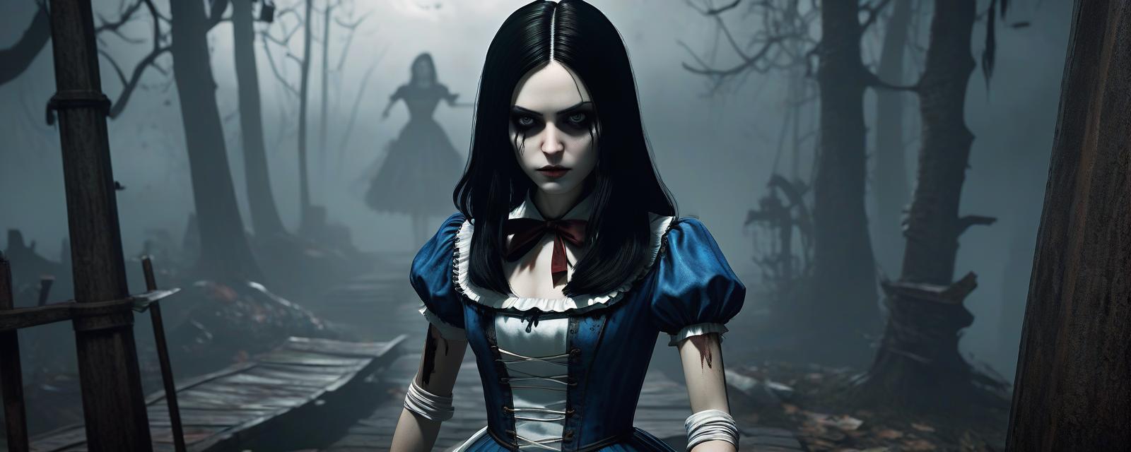  horror themed alice: madness returns, looking at the camera, full body, realistic photo, high detail, high quality, 8k, erotica. . eerie, unsettling, dark, spooky, suspenseful, grim, highly detailed