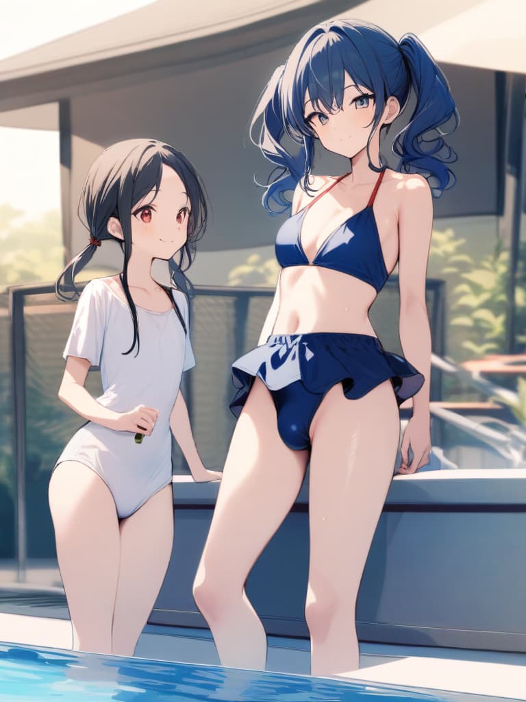  women's elementary students, twin tails, rich smiles, cute smiles, navy blue swimwear, old swimwear, swimwear, simple, male, shaped clear , shaped clear, clear stem, shaped crisp, male bulge,, front. the whole body, pool side,