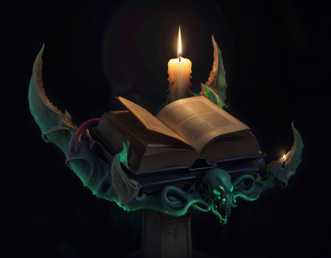  professional 3d model dark horror cthulhu pedestal and some candles are lit up on top of an open book . octane render, highly detailed, volumetric, dramatic lighting, civitai