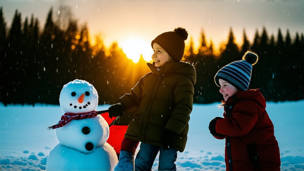  cinematic film style, children playing snowballs and collecting snowman standing in snow, sunset light, snowman with carrot nose. snow falling in background ar 16:9, shallow depth of field, vignette, maximum details, high budget hollywood movie, bokeh, cinemascope, moody, epic, gorgeous, sun rays and shadows on furniture and surfaces, flattering light, raw photo, photography, photorealistic, 8k resolution, f1.4, sharpened focus, sharp focus