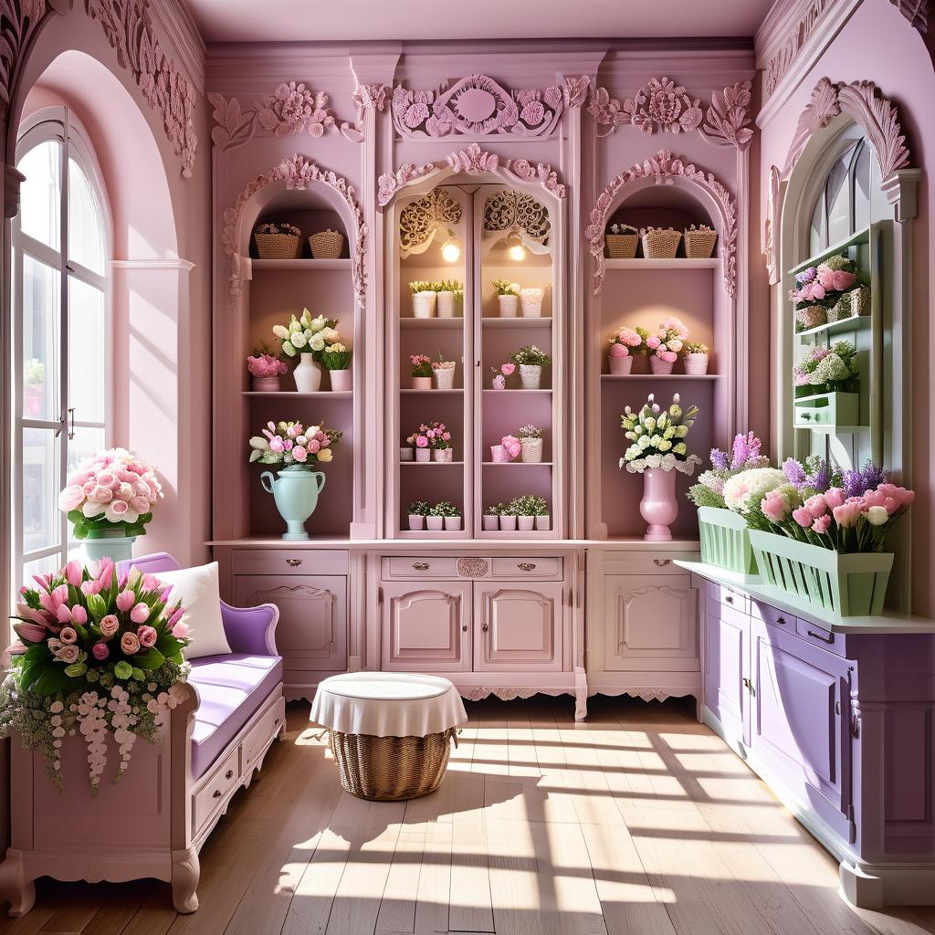  advertising poster style ((the interior of a flower shop)) the walls of the shop are decorated with floral ornaments. ((1,2 wooden carved shelves1,with flowers, baskets with bouquets)). cupboards with vases filled with fresh flowers, chests of drawers, tables and pouffes with imitation aged wood look very attractive. light parquet flooring. (style):fantasy, art design, provence, advertising, shop window, (colours):soft pink, light lavender, white, soft green, all pastel shades. . professional, modern, product focused, commercial, eye catching, highly detailed