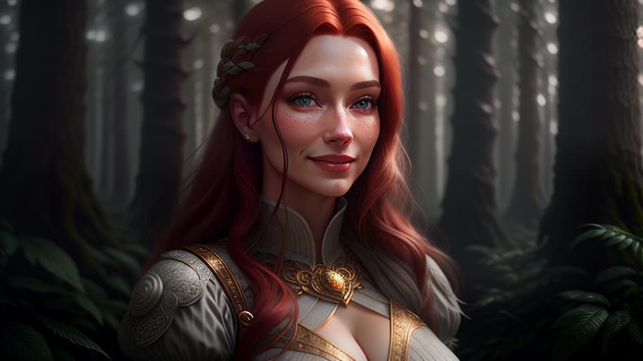  Scandinavian girl, red hair, grey locks, dusk, forest,, Photorealistic, Hyperrealistic, Hyperdetailed, analog style, demure, detailed skin, pores, smirk, smiling eyes, matte skin, soft lighting, subsurface scattering, realistic, heavy shadow, masterpiece, best quality, ultra realistic, 8k, golden ratio, Intricate, High Detail, film photography, soft focus hyperrealistic, full body, detailed clothing, highly detailed, cinematic lighting, stunningly beautiful, intricate, sharp focus, f/1. 8, 85mm, (centered image composition), (professionally color graded), ((bright soft diffused light)), volumetric fog, trending on instagram, trending on tumblr, HDR 4K, 8K