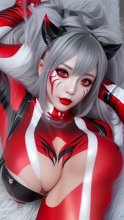  Full body red and silver flame pattern body paint,grey body paint on the whole body, red flame pattern face paint on the face, succubus 女性