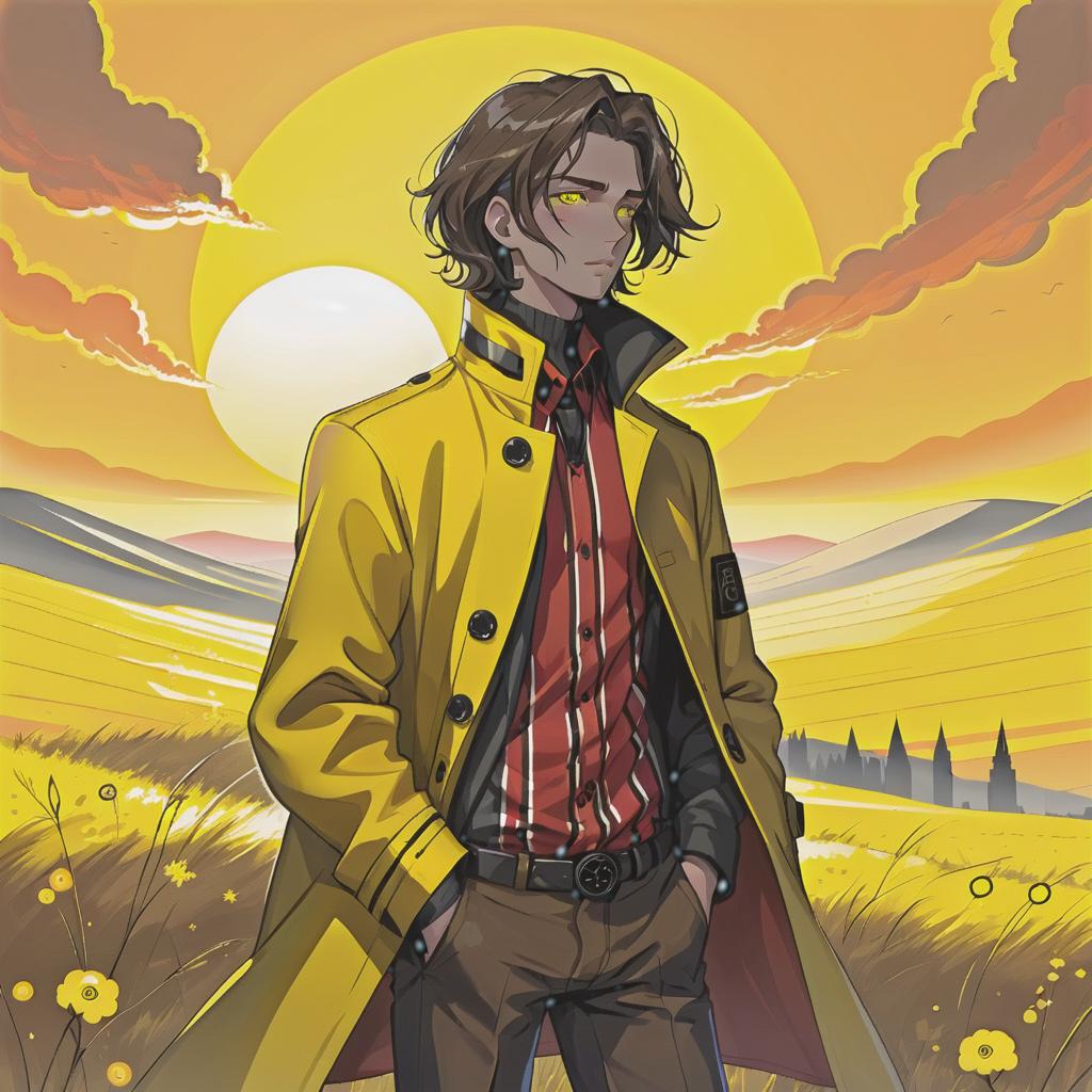  retro cyberpunk a young man stands in an endless field. he has long dark brown hair that gently falls on his shoulders, and his face, with jewish and slavic features, exudes calmness, and brown eyes with circles beneath them. he is dressed in a bright yellow coat that immediately attracts attention and contrasts with the surrounding landscape. under the coat is a black shirt, and black pants are additionally decorated with yellow elements, creating a harmonious and stylish image. the sun sets over the horizon, shrouding everything around in warm, red shades, and bright red stripes along with soft light gently touch his face, emphasizing his features and creating a magical atmosphere. this moment stops in time, capturing the beauty of nature