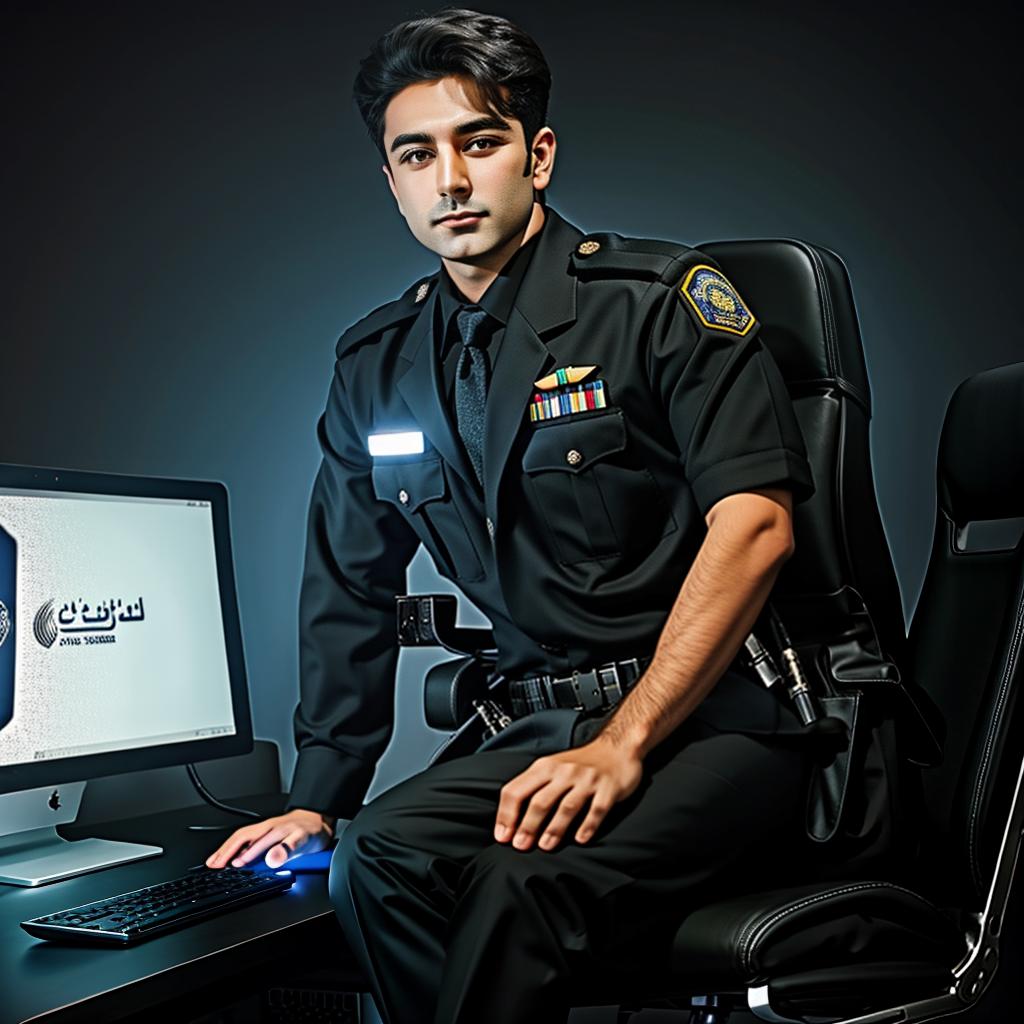  an iranian police officer sitting behind a computer desk front view with dark cyber background, award winning, professional, highly detailed, masterpiece