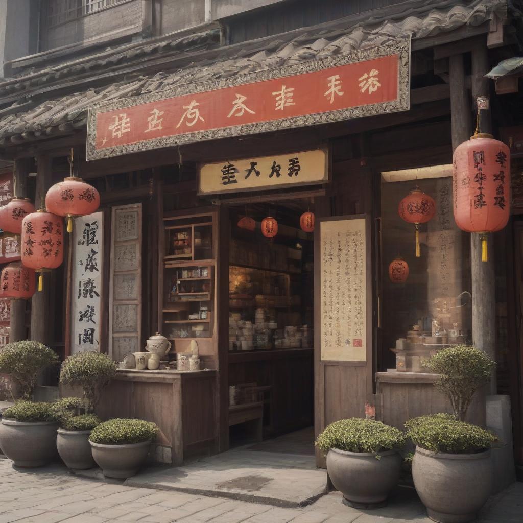  chinese town, tea store, tea ceremony, sign text “tea875”, epic foto, 4k