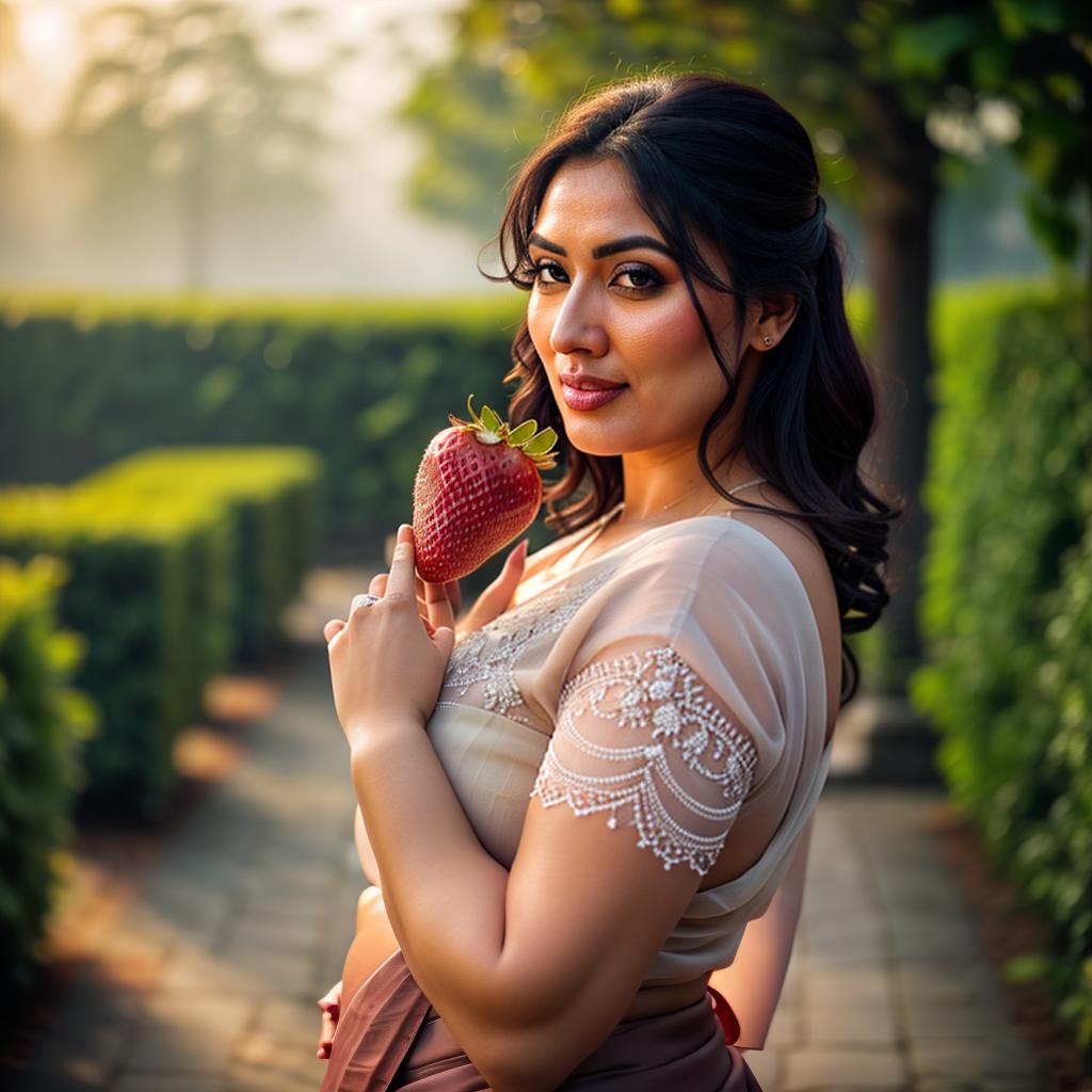  A Huge chubby Woman holding  strawberry in Hand, Saree and pallu, Clean face, strawberry Trees, No saturation, low vibrant, portrait hyperrealistic, full body, detailed clothing, highly detailed, cinematic lighting, stunningly beautiful, intricate, sharp focus, f/1. 8, 85mm, (centered image composition), (professionally color graded), ((bright soft diffused light)), volumetric fog, trending on instagram, trending on tumblr, HDR 4K, 8K