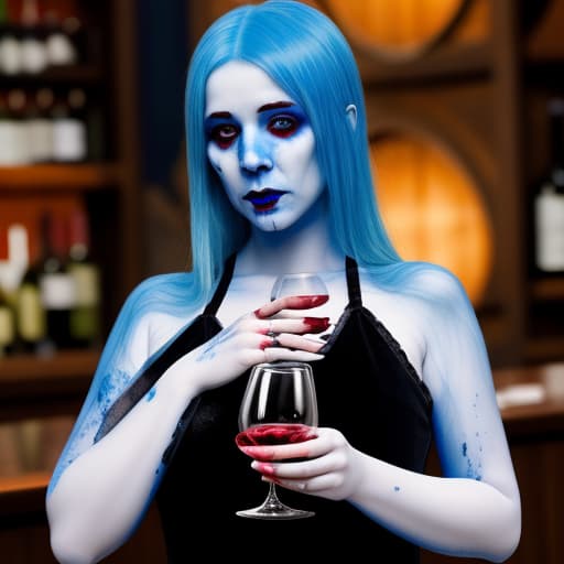  a ghost woman with blue hair and a glass of wine in her hands. Her hand is covered in blood and behind her stands death