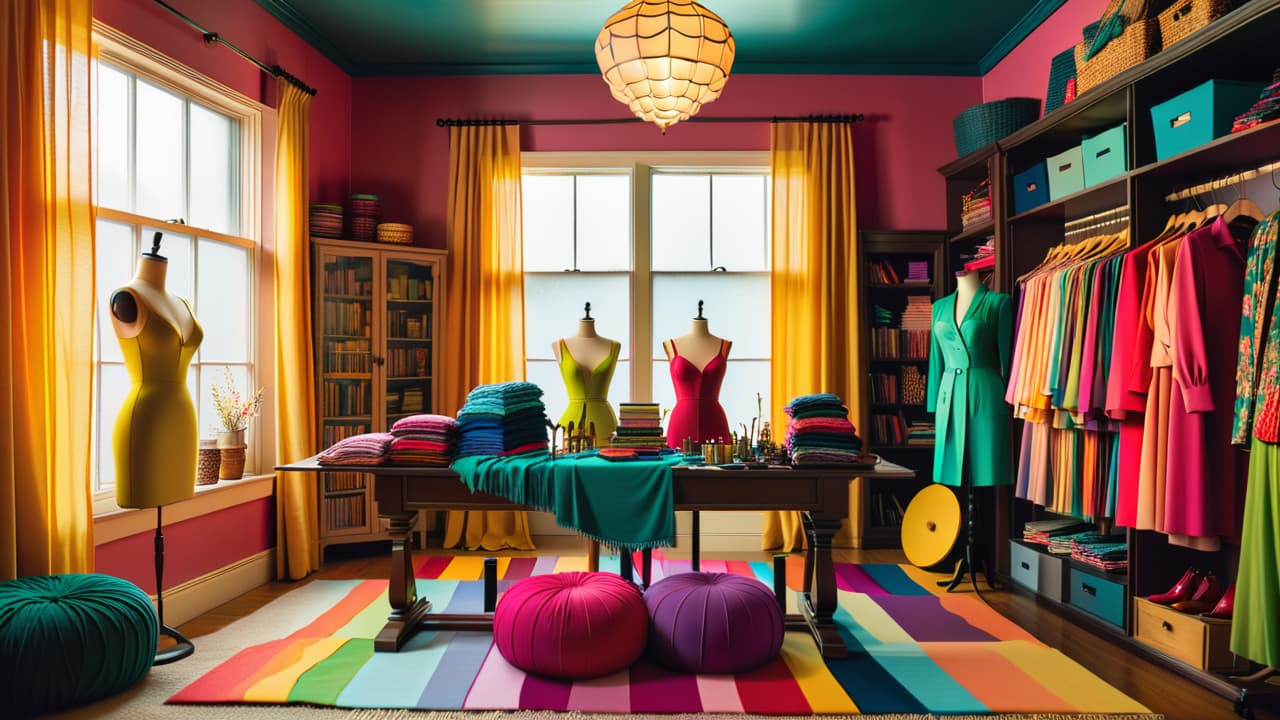  a split scene: one side shows a vibrant, bustling costume shop filled with colorful costumes, while the other depicts a cozy home workspace with sewing materials, fabric swatches, and a partially made costume on a mannequin. hyperrealistic, full body, detailed clothing, highly detailed, cinematic lighting, stunningly beautiful, intricate, sharp focus, f/1. 8, 85mm, (centered image composition), (professionally color graded), ((bright soft diffused light)), volumetric fog, trending on instagram, trending on tumblr, HDR 4K, 8K