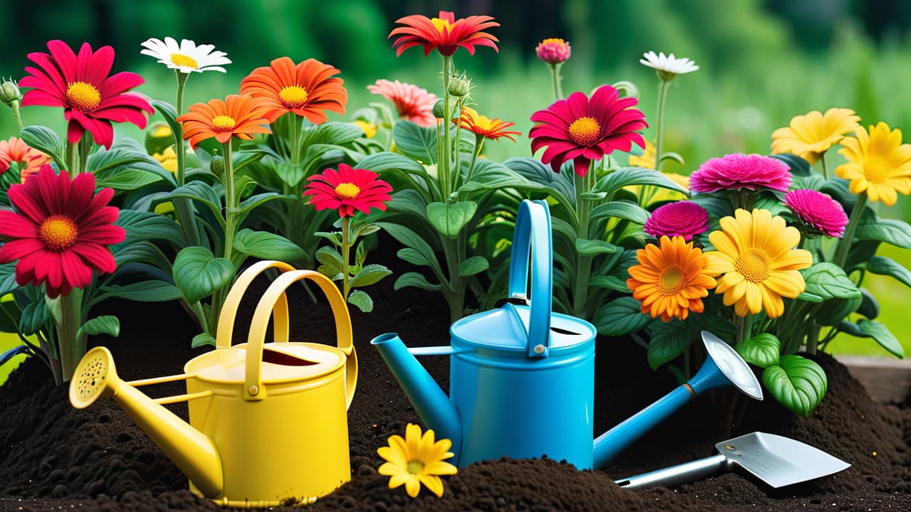  a vibrant garden scene showcasing a beginner planting seeds in rich, dark soil, surrounded by colorful flowers, green seedlings, gardening tools, and a watering can under a bright blue sky with fluffy white clouds. hyperrealistic, full body, detailed clothing, highly detailed, cinematic lighting, stunningly beautiful, intricate, sharp focus, f/1. 8, 85mm, (centered image composition), (professionally color graded), ((bright soft diffused light)), volumetric fog, trending on instagram, trending on tumblr, HDR 4K, 8K