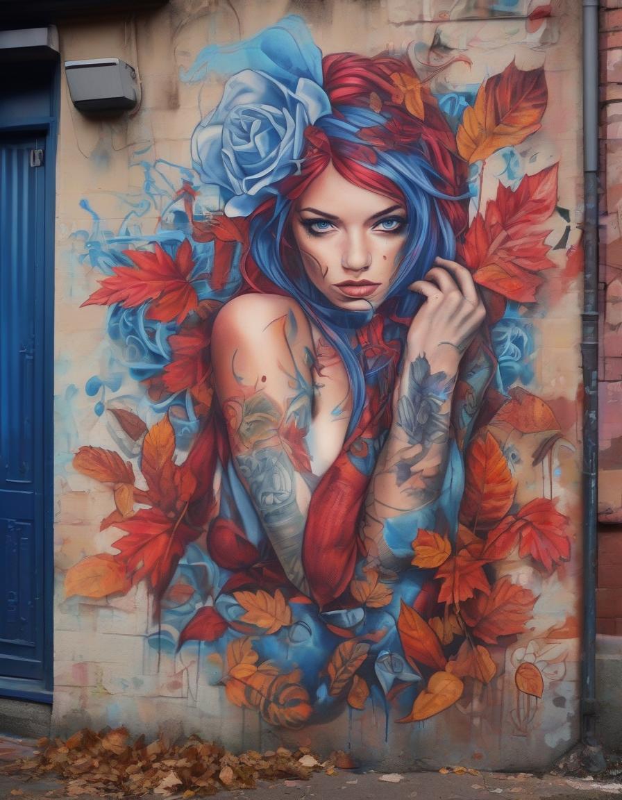  graffiti style girl in full length tattoos, autumn, blue eyes, red hair, leaves, crown . street art, vibrant, urban, detailed, tag, mural