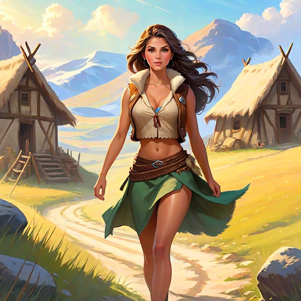  ethereal fantasy concept art of stone age woman in a dirty fur skirt and a dirty fur vest, hunts in the steppe, outdoor, at full heigh body, with brovn hair, slender, slim waist, long loincloth, tanned skin, at full heigh body, action pose, full heigh body, against the backdrop of a stone age village, . magnificent, celestial, ethereal, painterly, epic, majestic, magical, fantasy art, cover art, dreamy