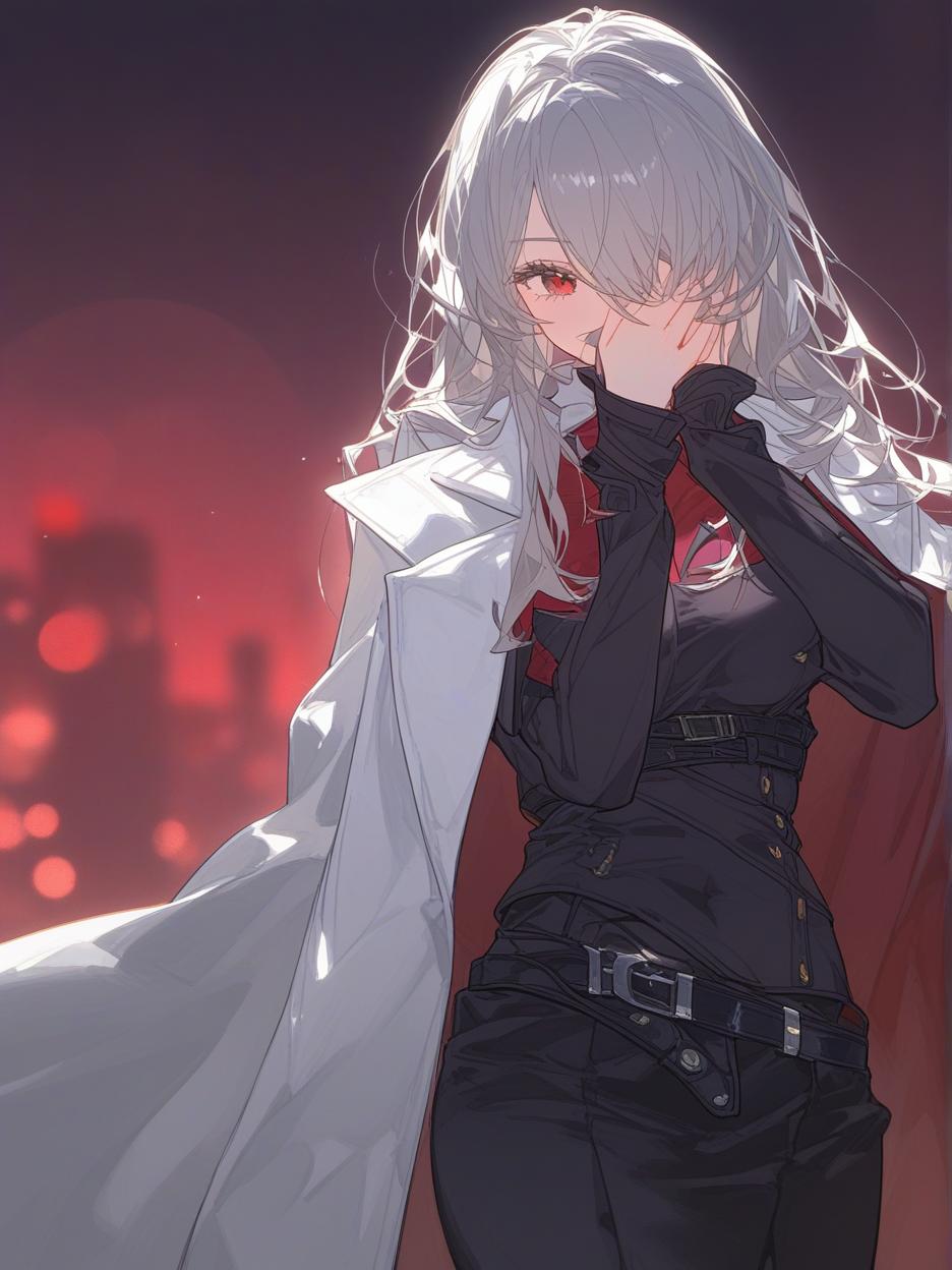  a strong woman, silver long hair, covering her face. she has deep, beautiful red eyes that are very prominent, white eyelashes that are very prominent in the eyes. she wears dark dress pants. a red shirt with buttons on the front seam, two thin belts under the bust. a light gray lab coat on the shoulders. a very strong and slender body, his strong abdomen shows in the red shirt. the background is a futuristic area where people practice combat in the background. she has a cup of coffee in her hands. well highlighted eyes with white eyelashes details, 8k. . best quality, high resolution