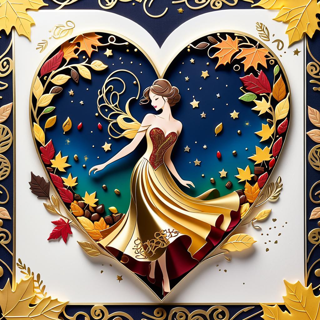  luxury product style on a carpet of yellow leaves in a simple dress of wind given crepe autumn danced a waltz boston in an alleyway. the warm day flew away and the saxophone sang hoarsely. (background of the card): falling autumn leaves, a whirlwind of autumn leaves, wind saxophone, ((a box of chocolates, the inscription "autumn waltz")) , a greeting card. (heart), a beautiful figure made of contours in the shape of a heart. (heart colour): night sky background, stars, gold pattern. (style):fantasy, autumn art, autumn romance. (colours):gold, green gold, navy blue, red, red gold, brown gold, silver, golden blue, bluish blue, dark blue on gold . elegant, sophisticated, high end, luxurious, professional, highly detailed